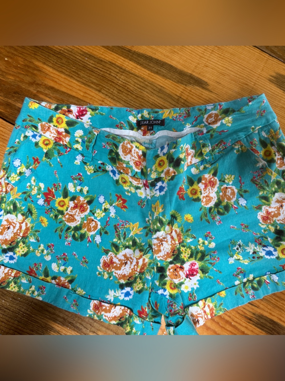 Dear John Turquoise Floral Stretch Shorts Womens Size 31 Summer Cottagecore